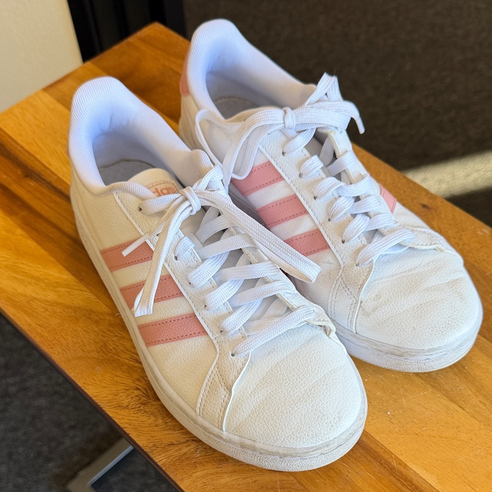 Adidas White Sneakers with Pink Stripes
